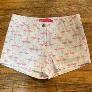 Macbeth collection white flamingo print cotton shorts